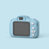 Blue digital camera on a light blue background