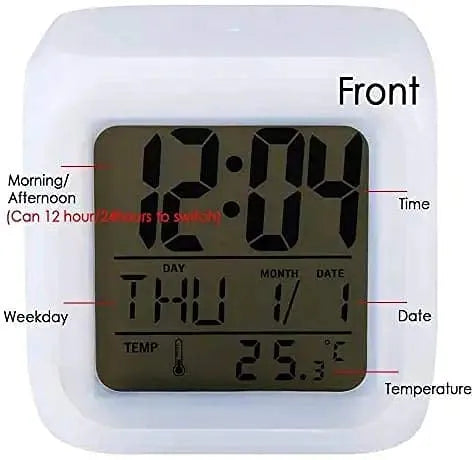 Digital LED glow clock with seven colorful lighting modes and built-in alarm functionality.