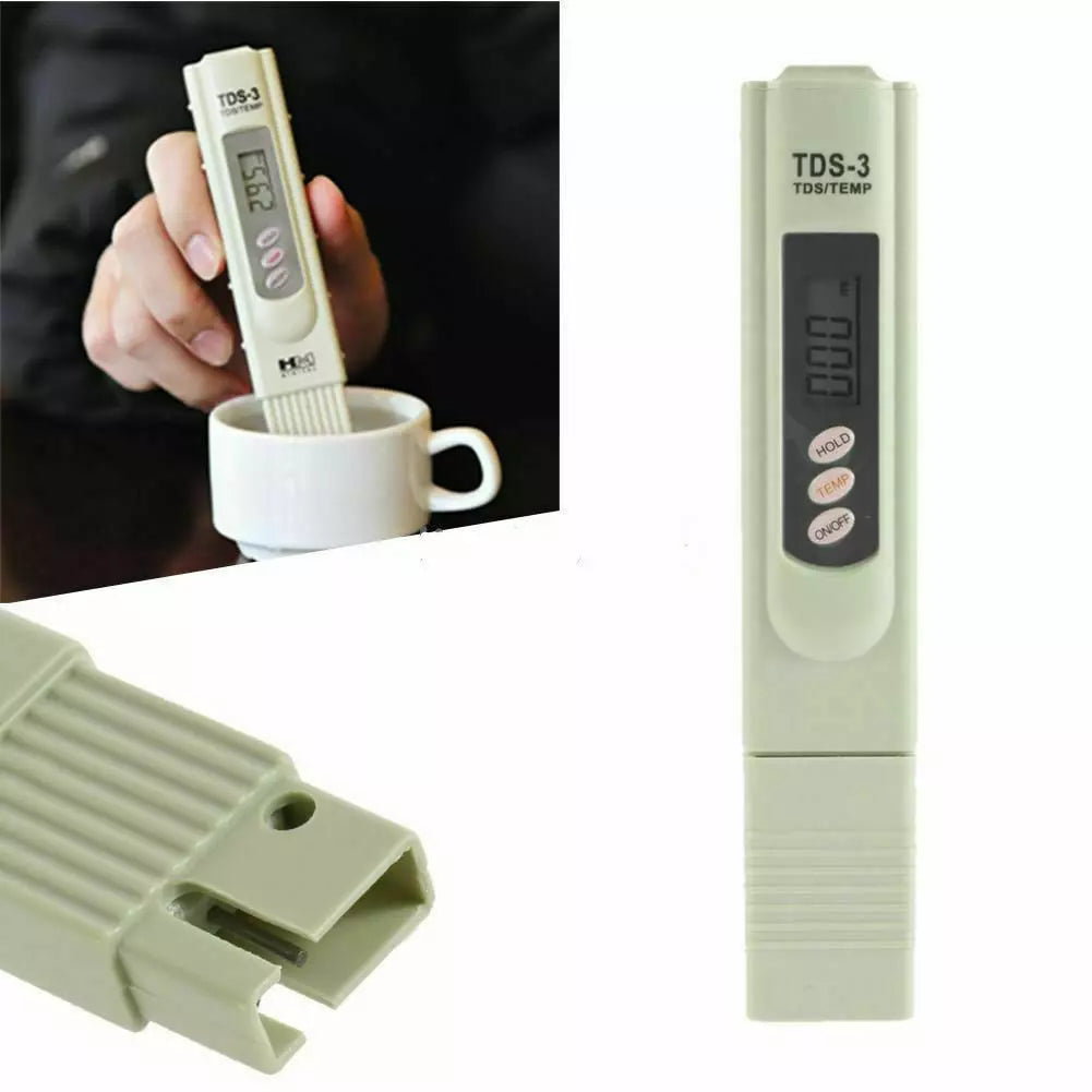 TDS-3 water quality tester with digital display held over a cup, showing close-up details on a white background.