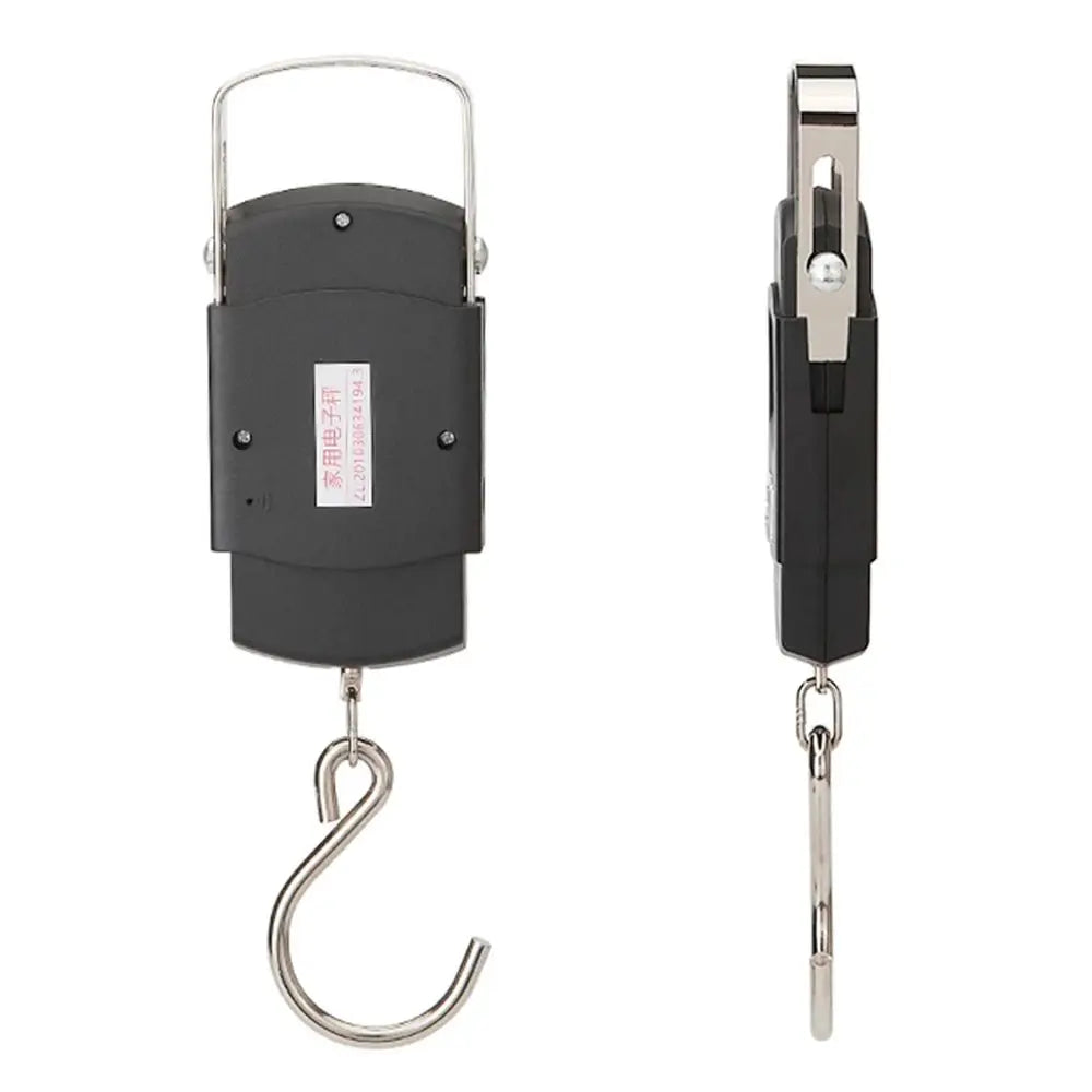 Black electronic hanging scale with a hook on a white background