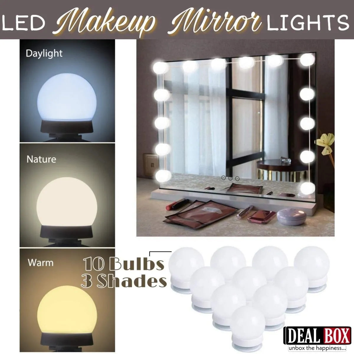 LED makeup mirror lights with different light settings and Deal Box branding.