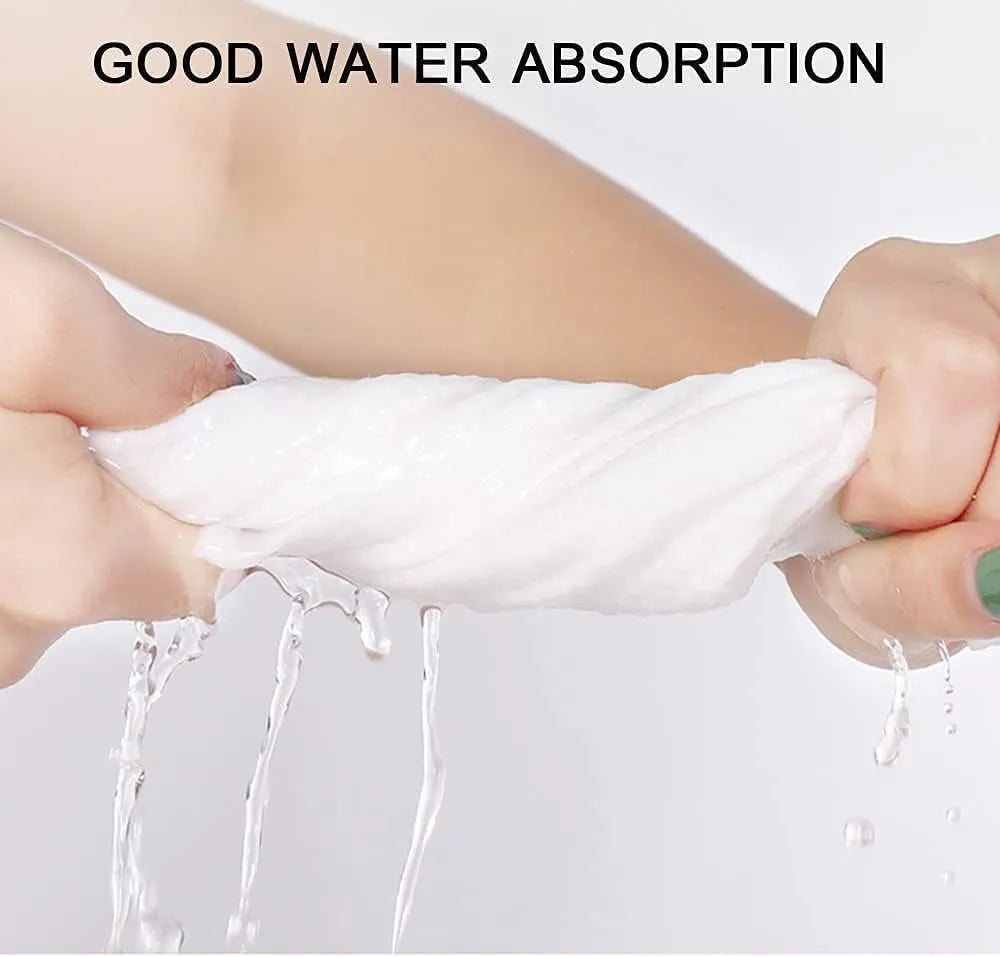 A close-up of a person's hands stretching a white, highly absorbent fabric, with water dripping from it. The text 'GOOD WATER ABSORPTION' is displayed at the top against a clean white background.
