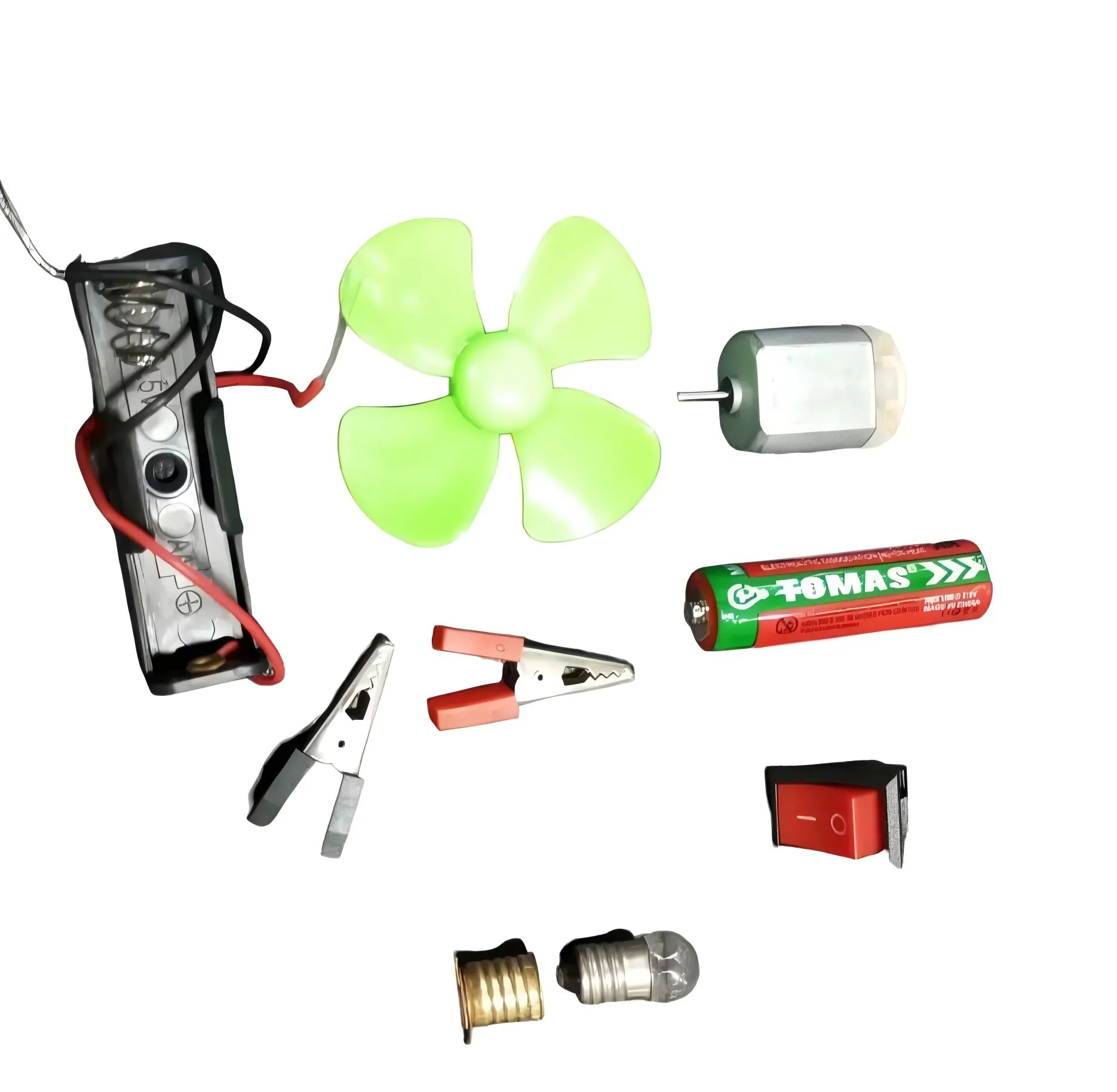 Collection of electronic components including a fan, battery, and clips on a white background