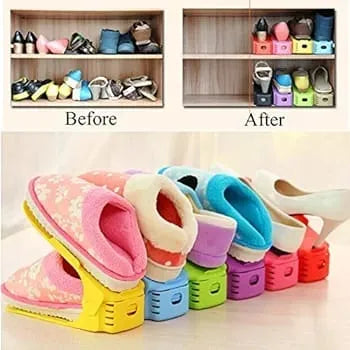 Double-layer foldable shoe rack designed to maximize storage space and keep shoes neatly organized.