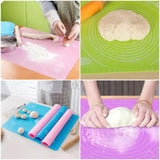 Collage of silicone baking mats in different colors with dough
