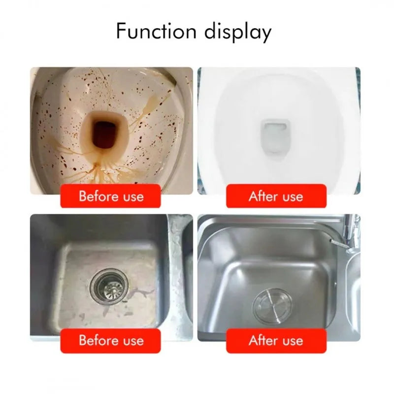 Before and after cleaning demonstrations on a sink and toilet bowl.