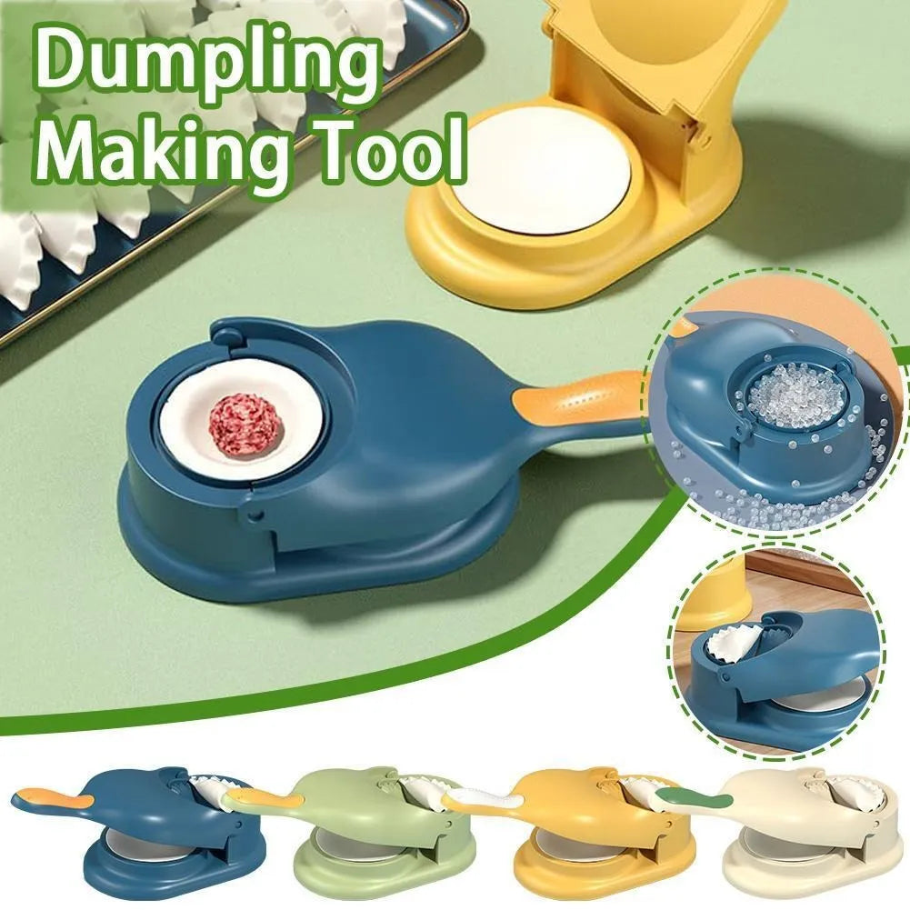 Dumpling making tool with close-up details on a green background