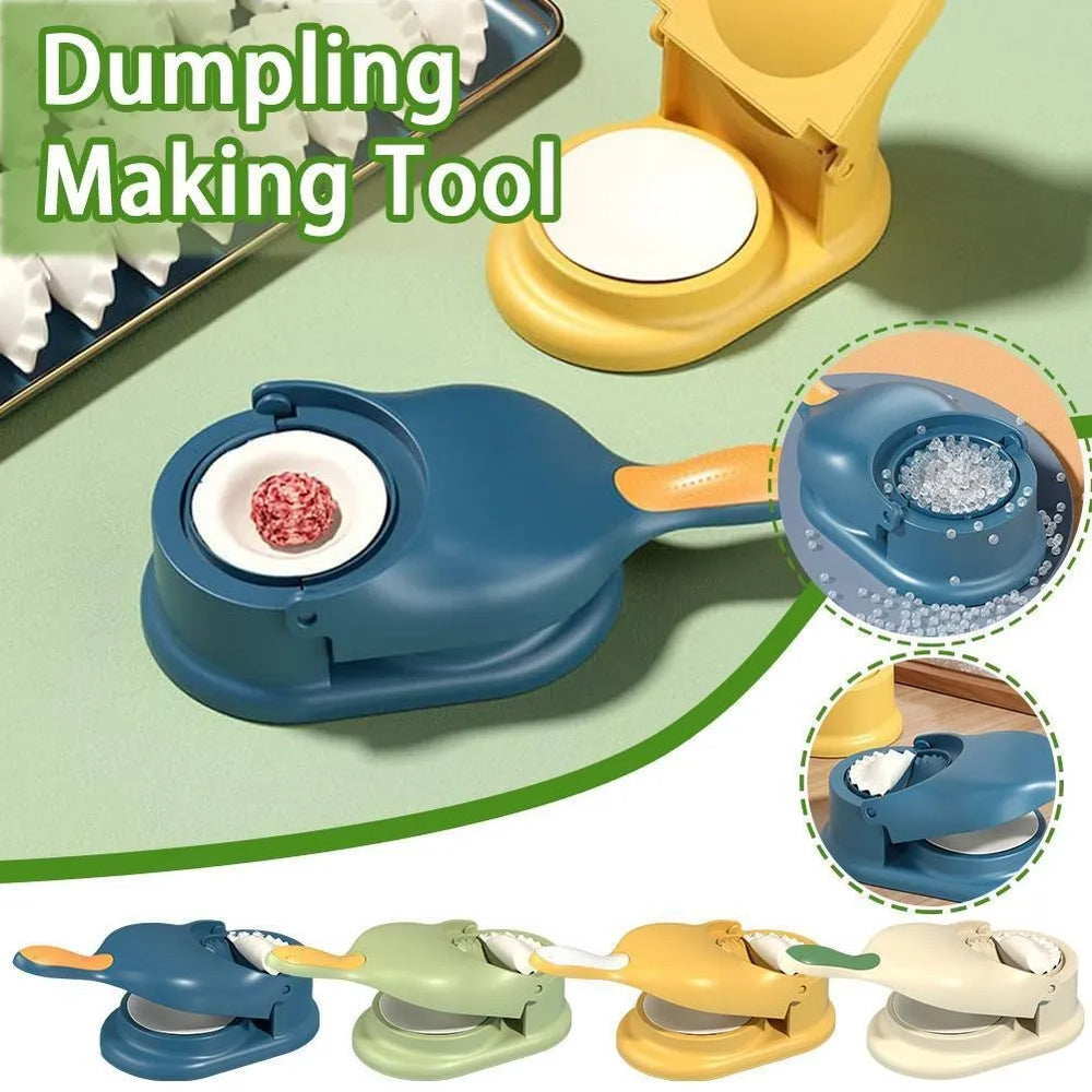 Dumpling making tool with close-up details on a green background