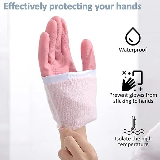 A pink heat-resistant protective glove with a white cuff is shown being worn on a hand, with text and icons highlighting waterproof, non-stick, and temperature-isolating features.