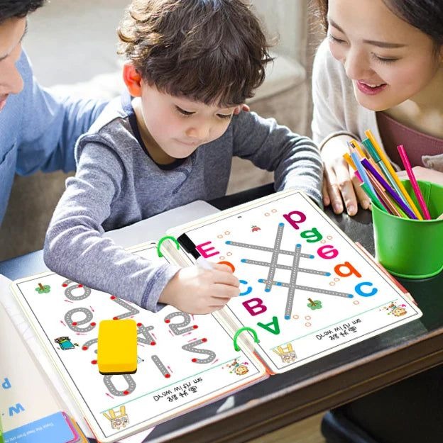 Child learning with educational materials at a table, assisted by two adults.