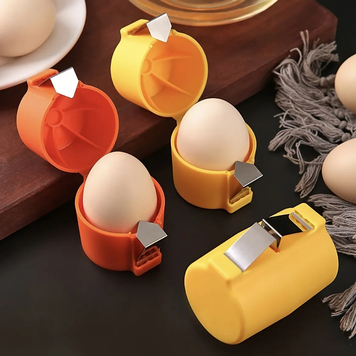Egg shell opener with a durable design, smooth cutting action, and comfortable grip for easy egg preparation.