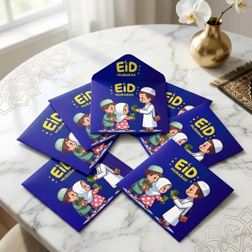 Eid money envelope pack with 8 decorative envelopes for gifting cash during Eid celebrations.