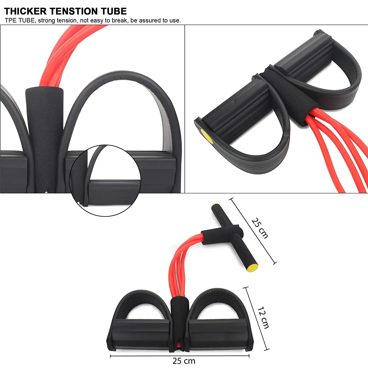 Resistance band with thicker tension tube, showing design, strength, and dimensions.