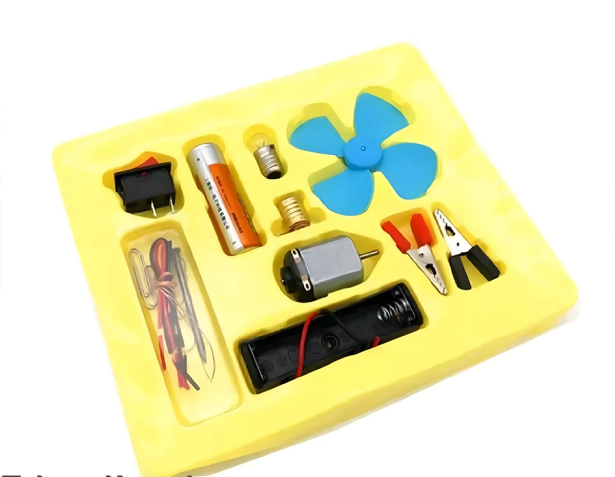 Science experiment kit with components on a yellow tray