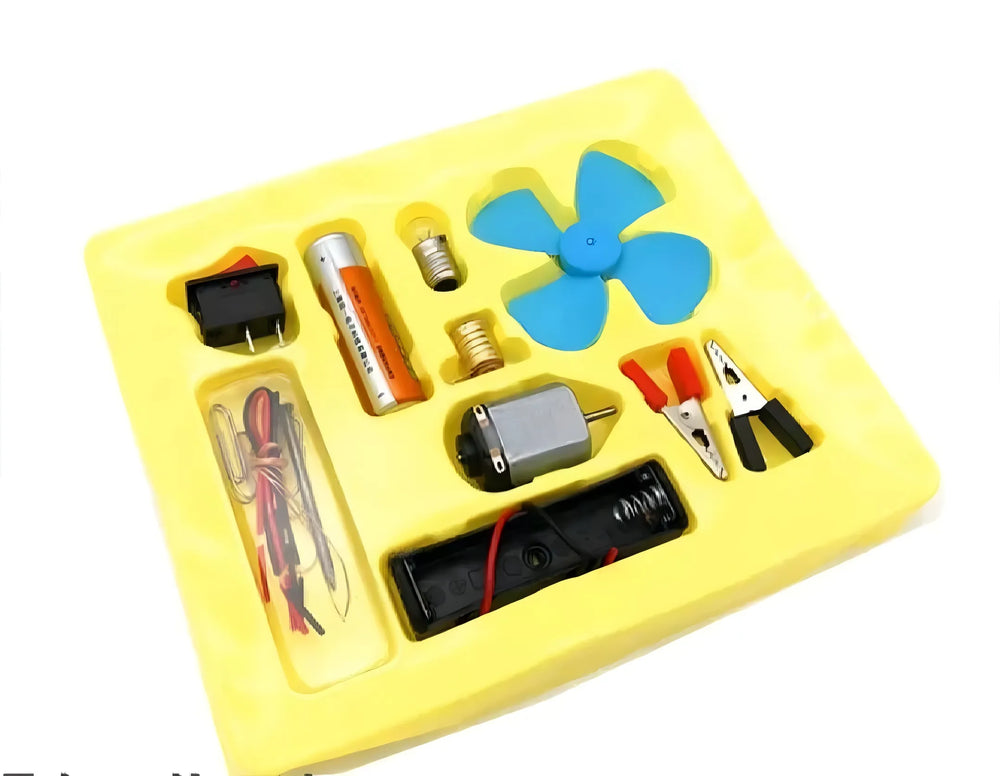 Science experiment kit with components on a yellow tray