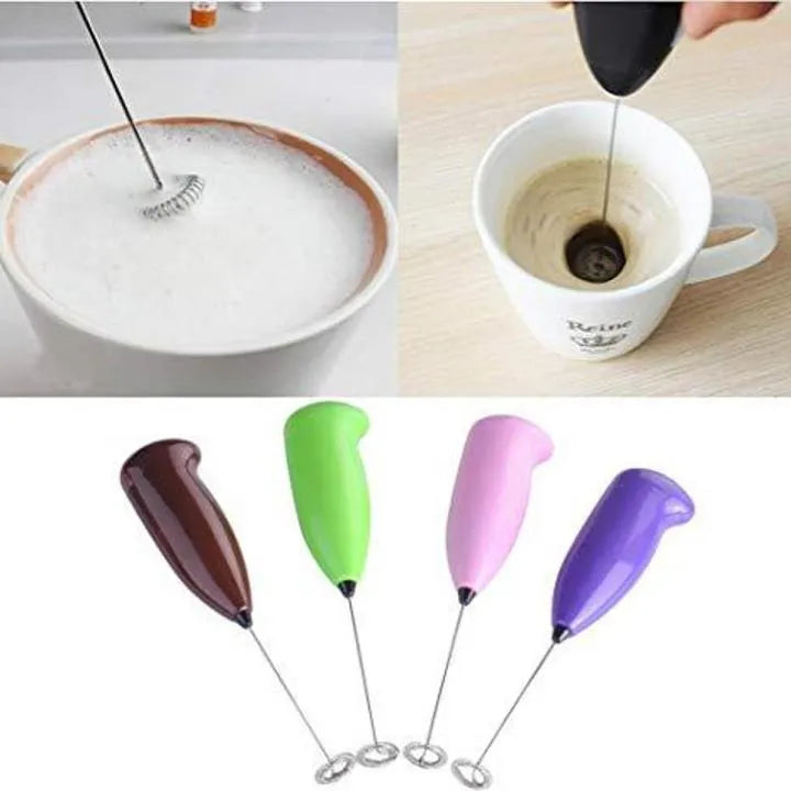 Collage of a milk frother being used to froth milk and mix coffee, with four different colored milk frothers displayed.