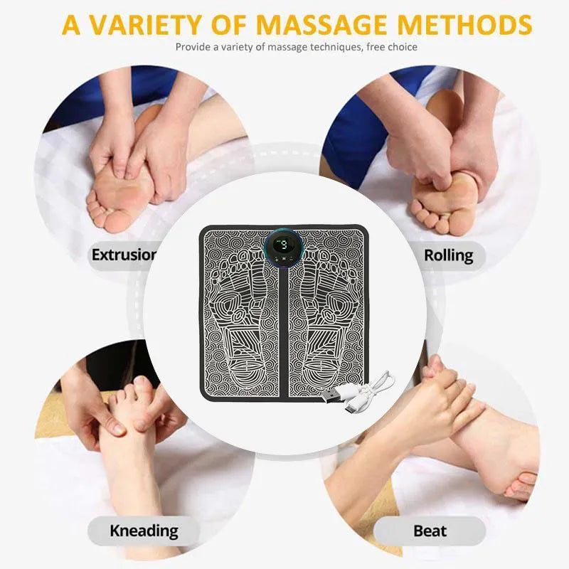 Electric EMS foot massage mat with TENS technology for customizable foot massage and relaxation at home.