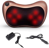 Rose gold neck and back massager with red lights and power adapter on a white background