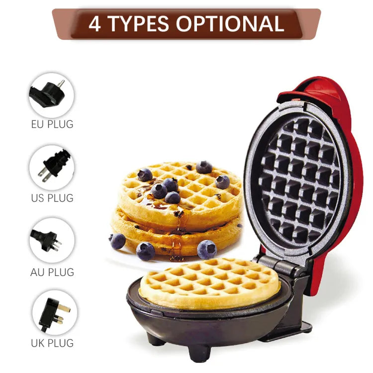 Waffle maker with waffles and blueberries, showing different plug types on a white background.