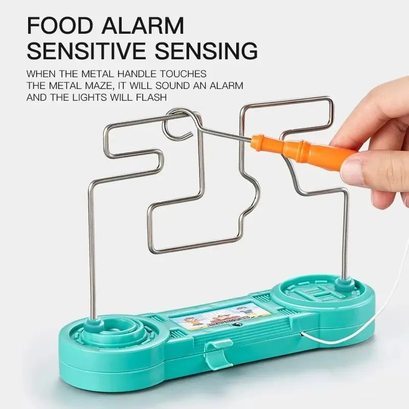 Teal food alarm with metal maze and orange handle on a white background