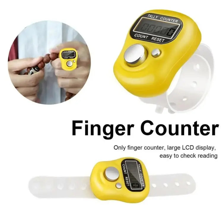 Yellow finger counter with large LCD display on a white background
