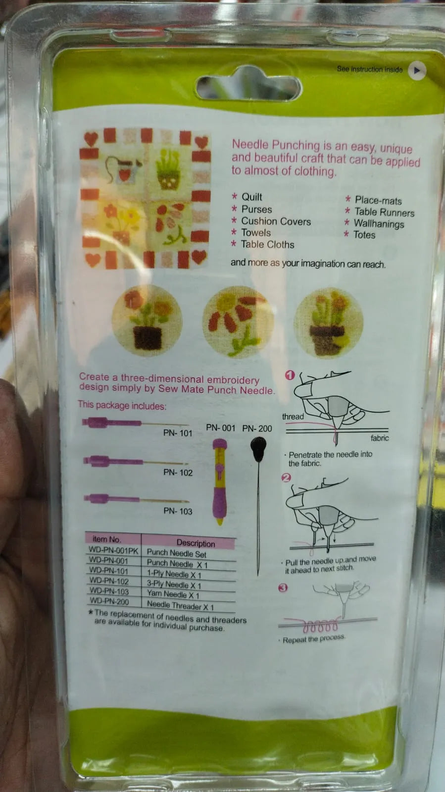 Package of needle punching tools with instructions and illustrations on a white background