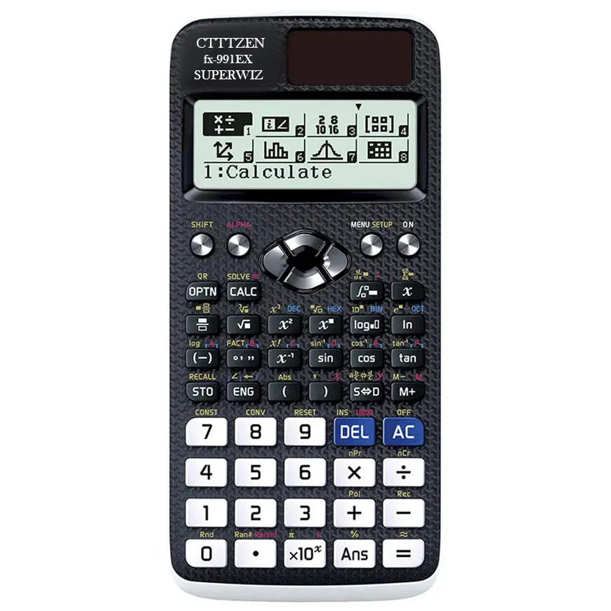 CITIZEN fx-991EX SuperWiz scientific calculator in black with a textured grip, white and silver buttons, and a color display screen, shown against a plain white background.