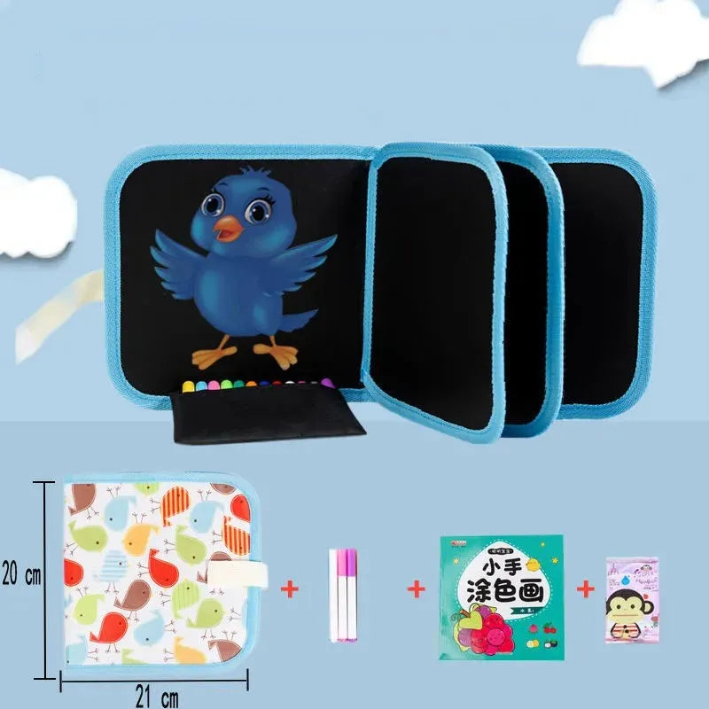 Children's art kit with a blue bird design on a blue background