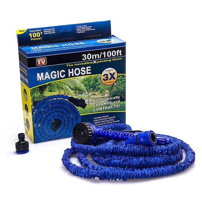 Expandable water hose for gardens with a 100ft reach for convenient outdoor use.