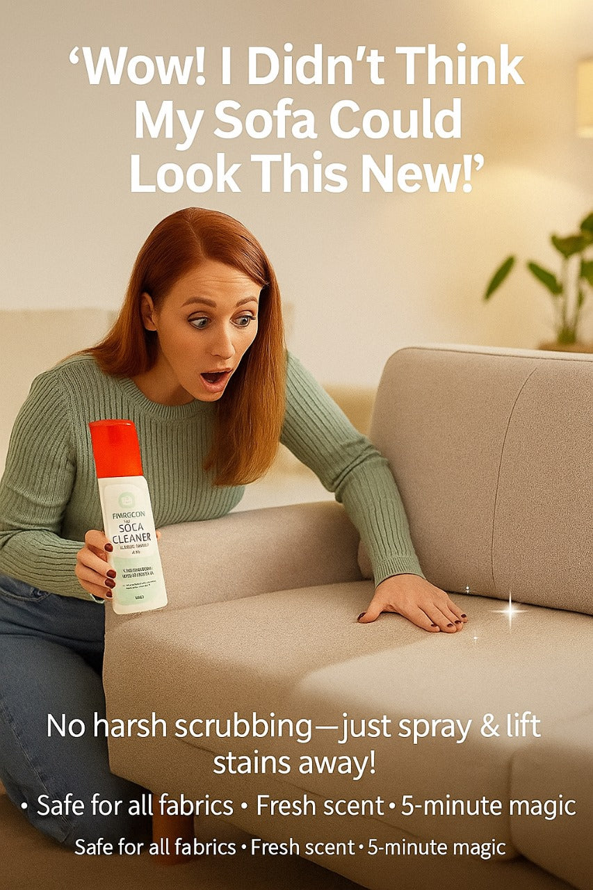 Woman holding a cleaning spray bottle next to a beige sofa with text about the product's effectiveness.