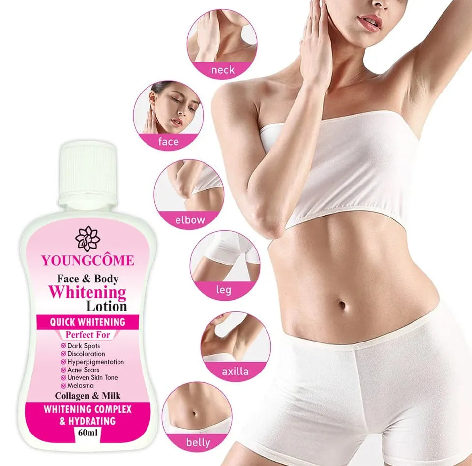 Youngcome Face & Body Whitening Lotion with a woman in white underwear and close-up images of skin care areas.