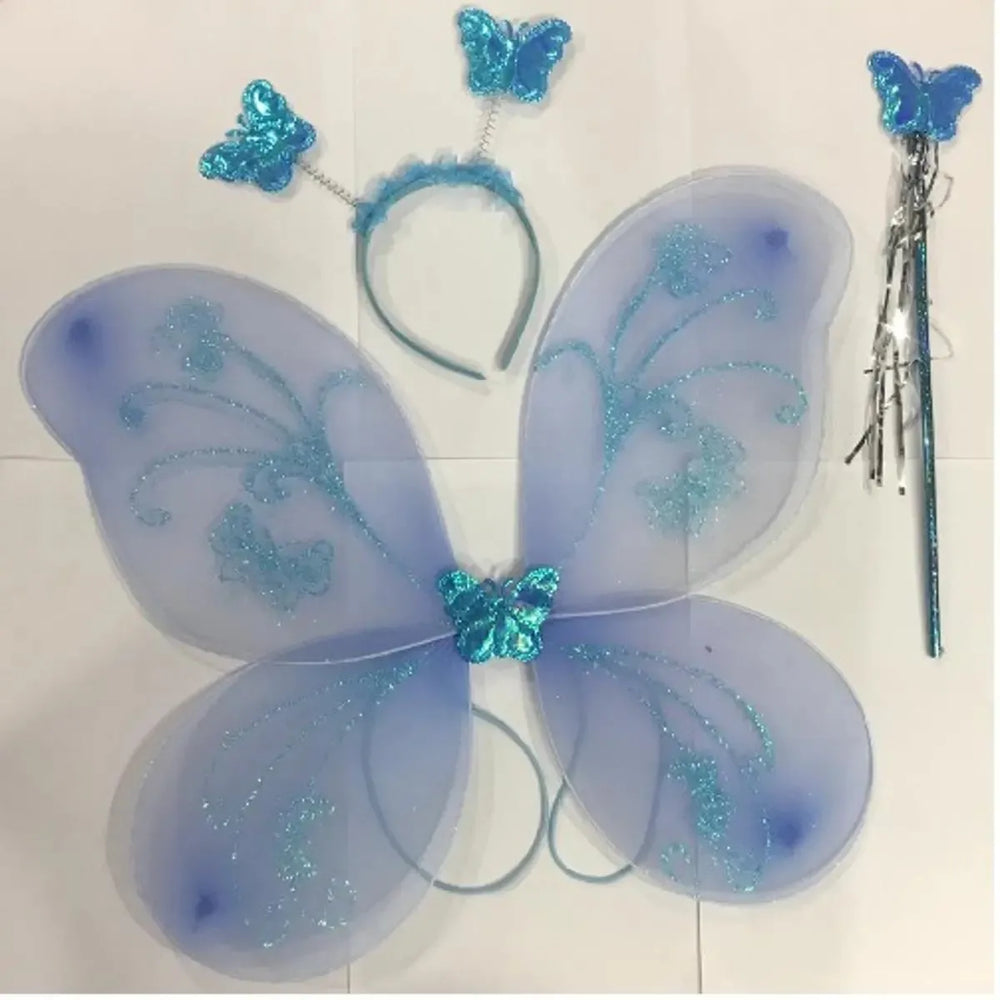 Butterfly costume set with wings, headband, and wand on a white background