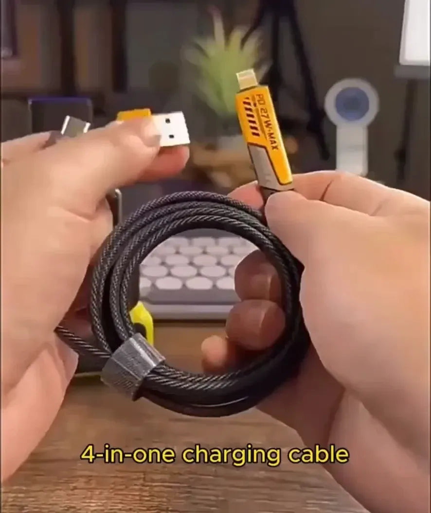 Fast charging braided USB cable with multiple connectors for convenient device compatibility.