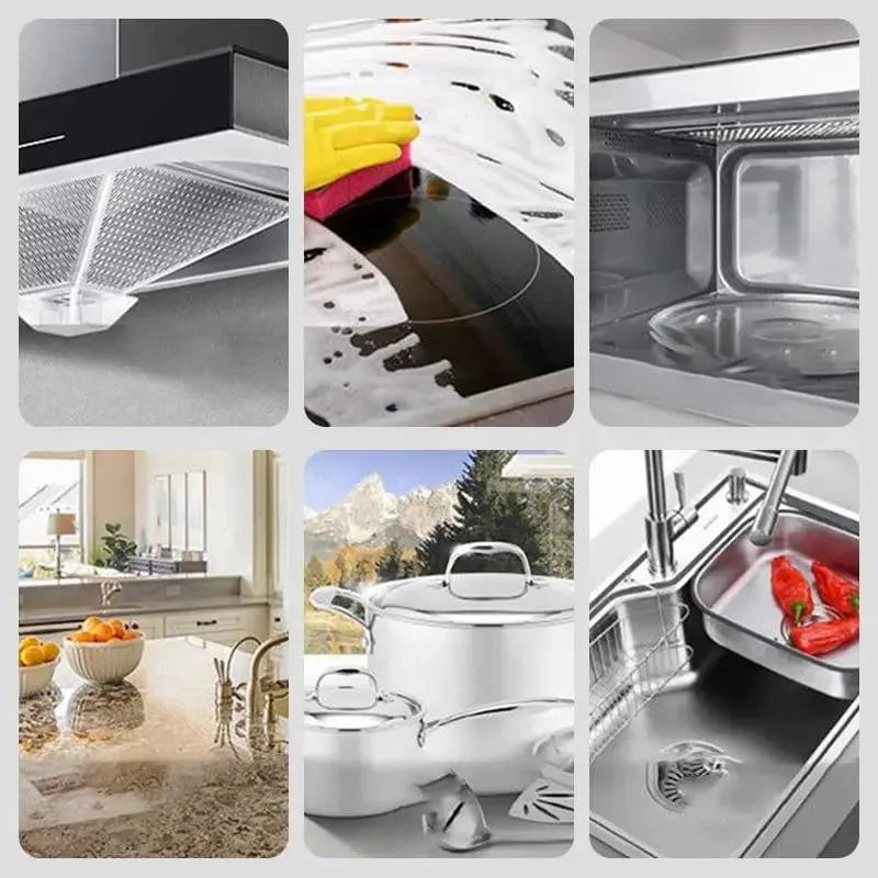 Collage of kitchen appliances and items including a microwave, oven, and sink.
