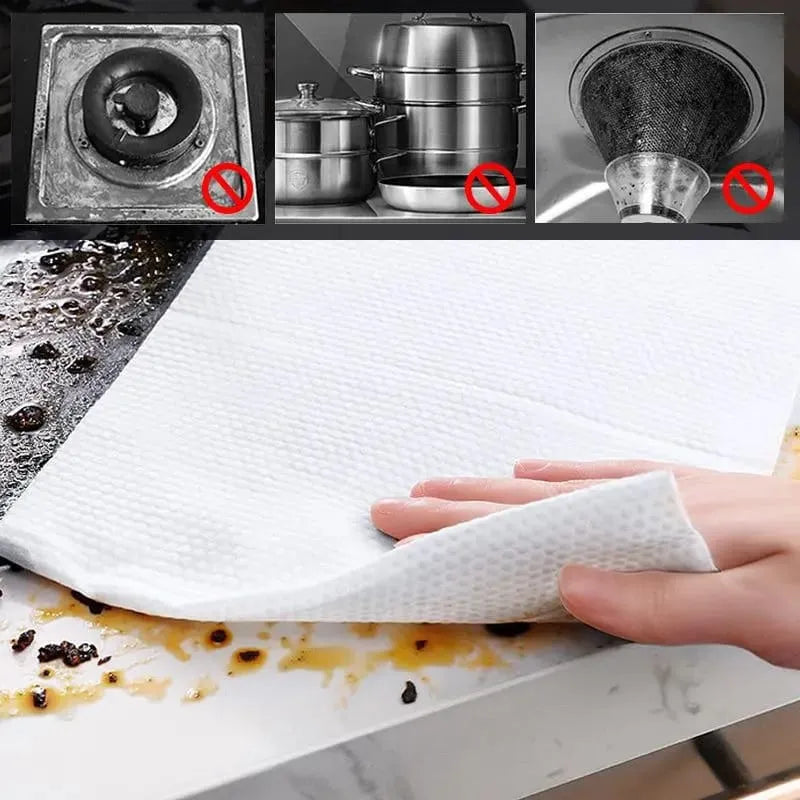 White paper towel being used to clean a spill on a surface with inset images showing improper cleaning methods.