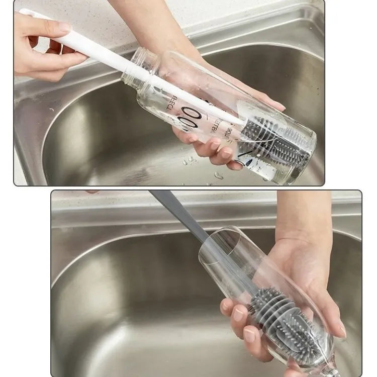 Flexible long-handle bottle cleaning brush with silicone bristles for effortless cleaning of narrow bottles and containers.