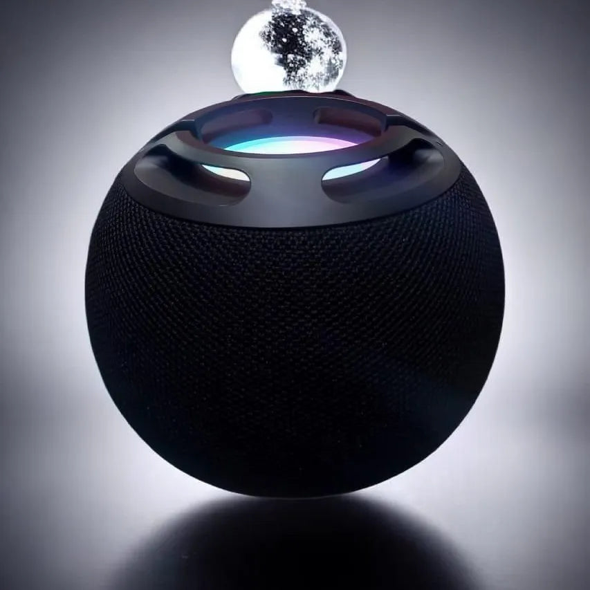 Black spherical device with a glowing interior on a dark background