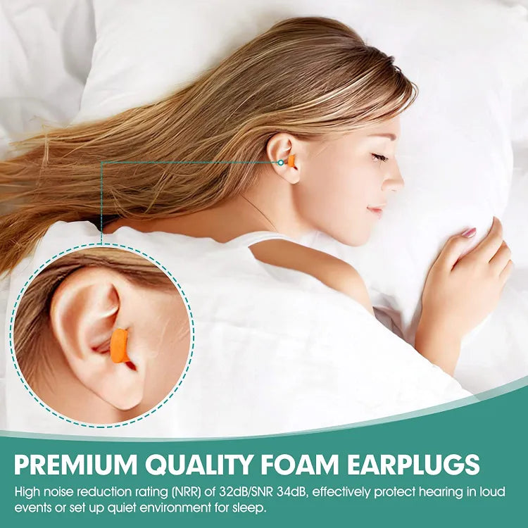 Soft foam ear plugs in a 5-piece pack for comfortable noise blocking during sleep, travel, and work.