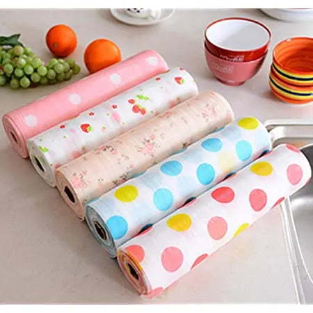 Foamic kitchen shelf liner with a polka dot pattern for cabinets, drawers, and pantry shelves.