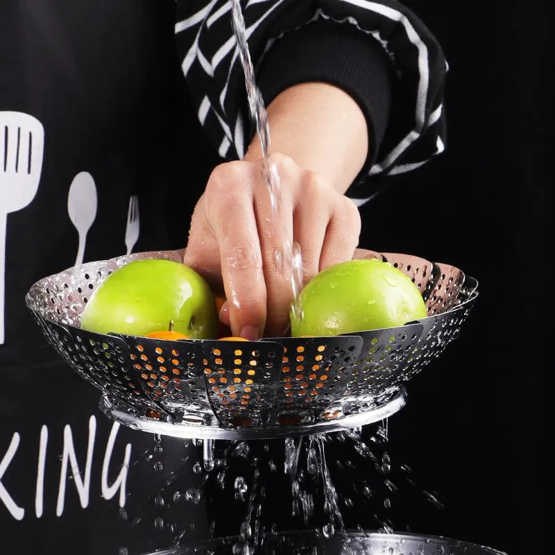 Foldable food steamer basket made from durable stainless steel for everyday kitchen use.