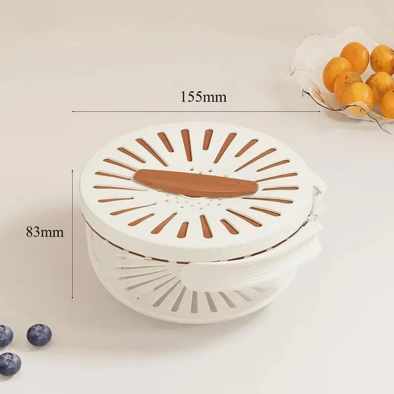 White kitchen tool with brown accents on a light background, showing measurements.