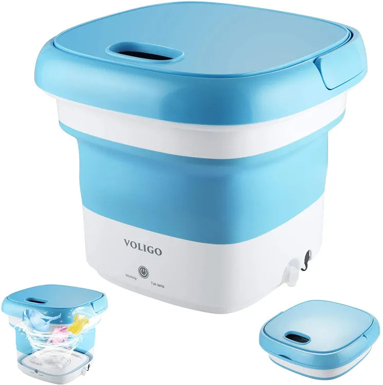 Blue and white portable washing machine with additional small containers on a white background