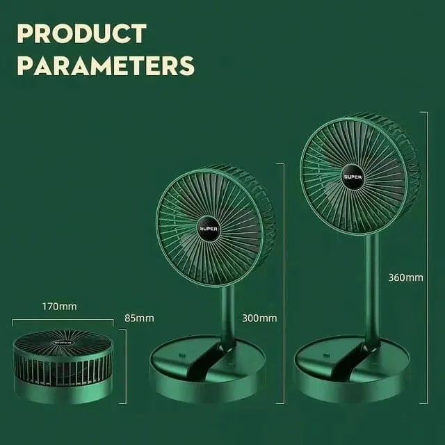 Product parameters diagram showing two green desk fans with dimensions labeled: one 170mm by 85mm and one 300mm by 360mm, on a dark green background with the heading 'PRODUCT PARAMETERS'.