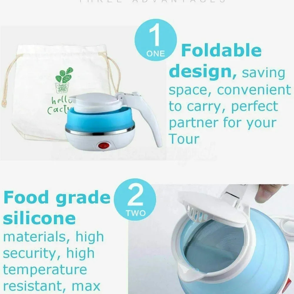 Foldable travel water kettle with a 600ml capacity for tea, coffee, and instant meals.