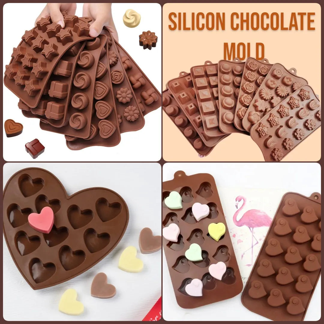 Collage of various silicone chocolate molds with different shapes and designs.