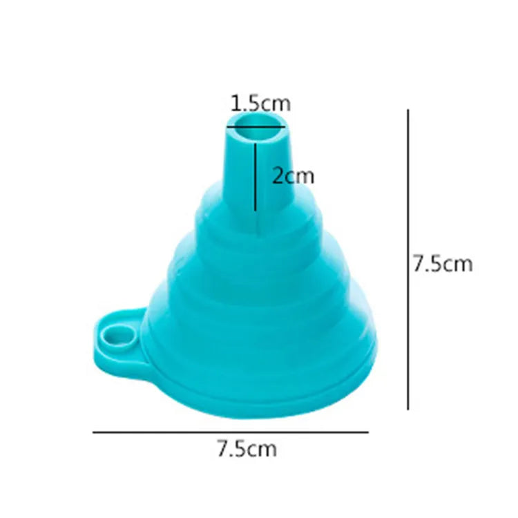 Blue silicone funnel with measurements on a white background