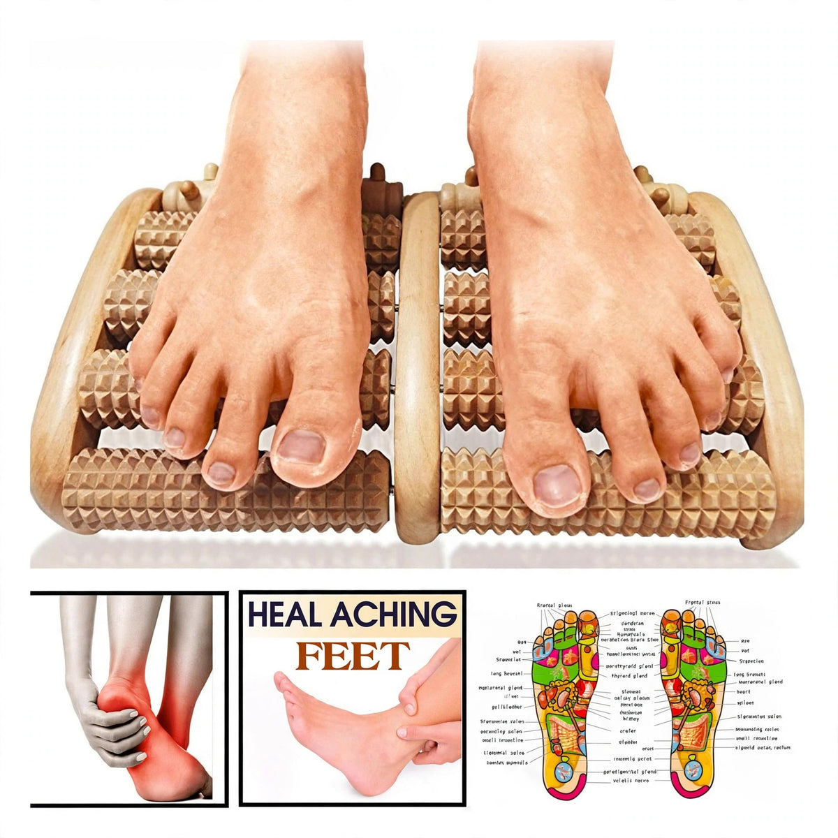 Feet using wooden foot massager roller with diamond spike texture for foot pain relief - heal aching feet acupressure foot reflexology chart - clear HD product image