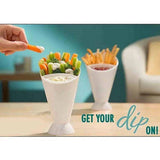 French fry holder featuring an integrated ketchup dipping cup for mess-free serving.