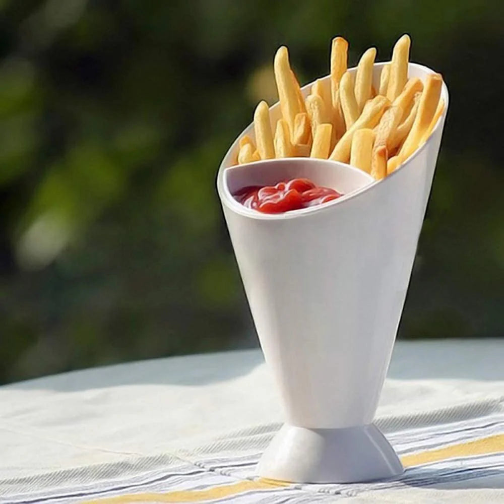 French fry holder with a built-in ketchup dipping cup for convenient snacking.