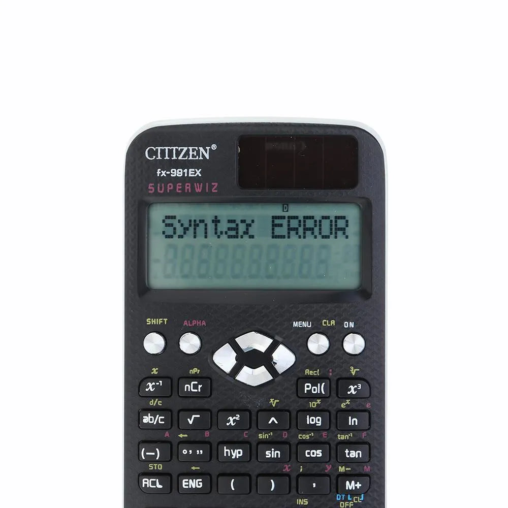 Black scientific calculator with 'Syntax Error' displayed on the screen, brand 'Citizen' visible.